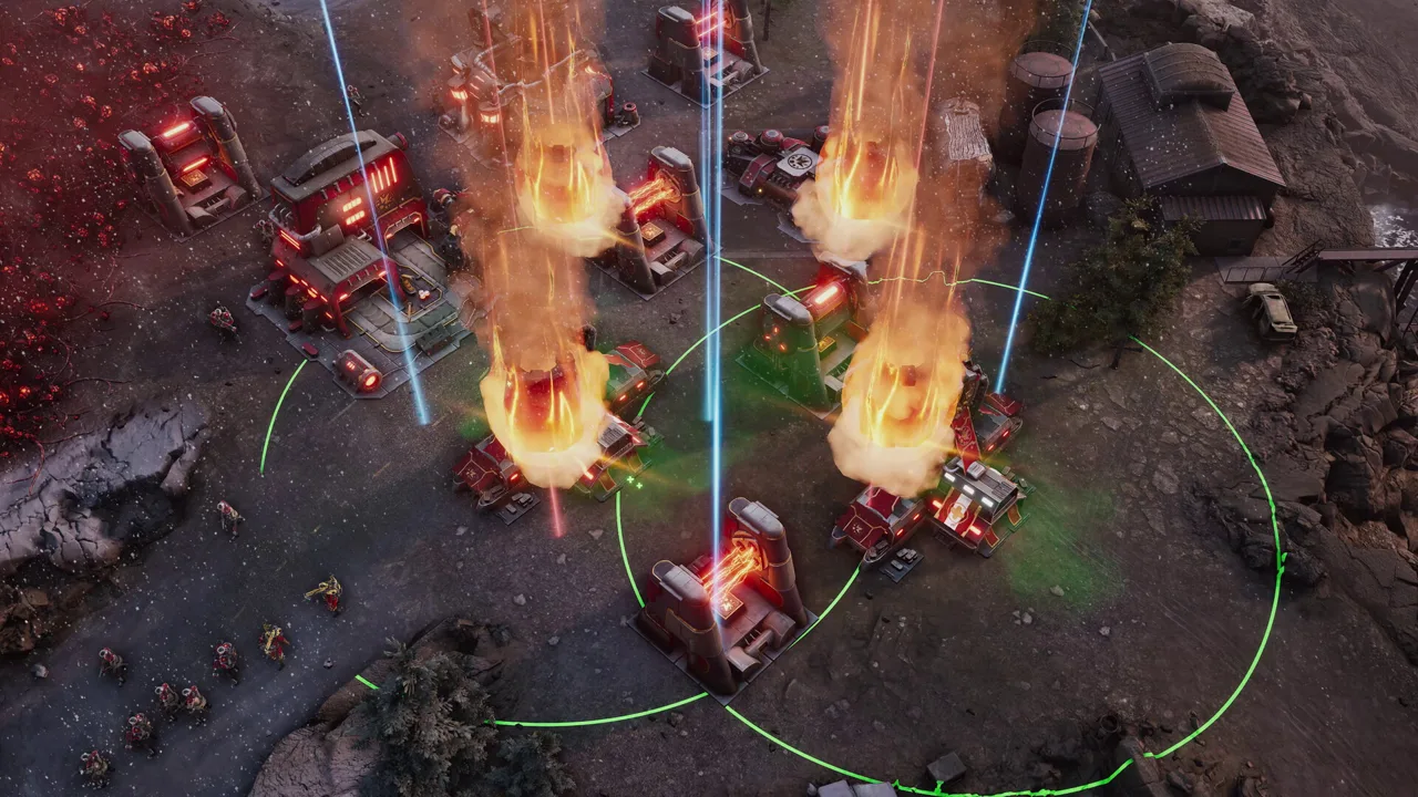 Steam screenshot showing a Tempest Rising battlefield with buildings and combat effects.